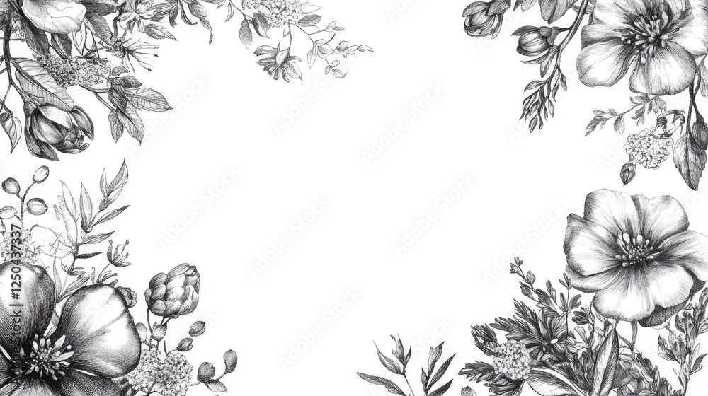 Elegant Botanical Drawing Frame with Hand-Drawn Floral Elements Elegant Botanical Drawing Frame with Hand-Drawn Floral Elements