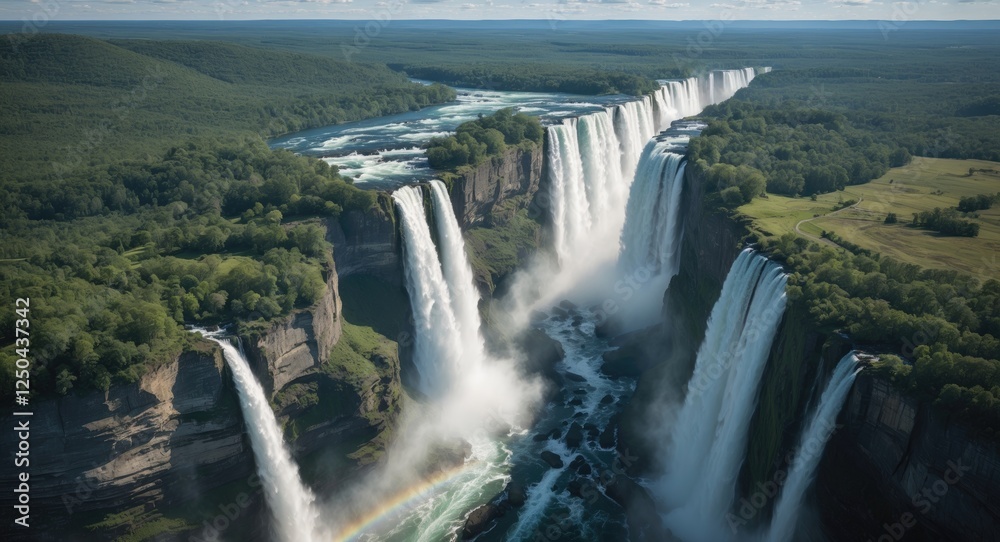 Fototapeta premium Aerial View of Majestic Waterfalls Surrounded by Lush Greenery and Rugged Landscapes with Space for Text Overlaid. Ideal for Nature Themes.