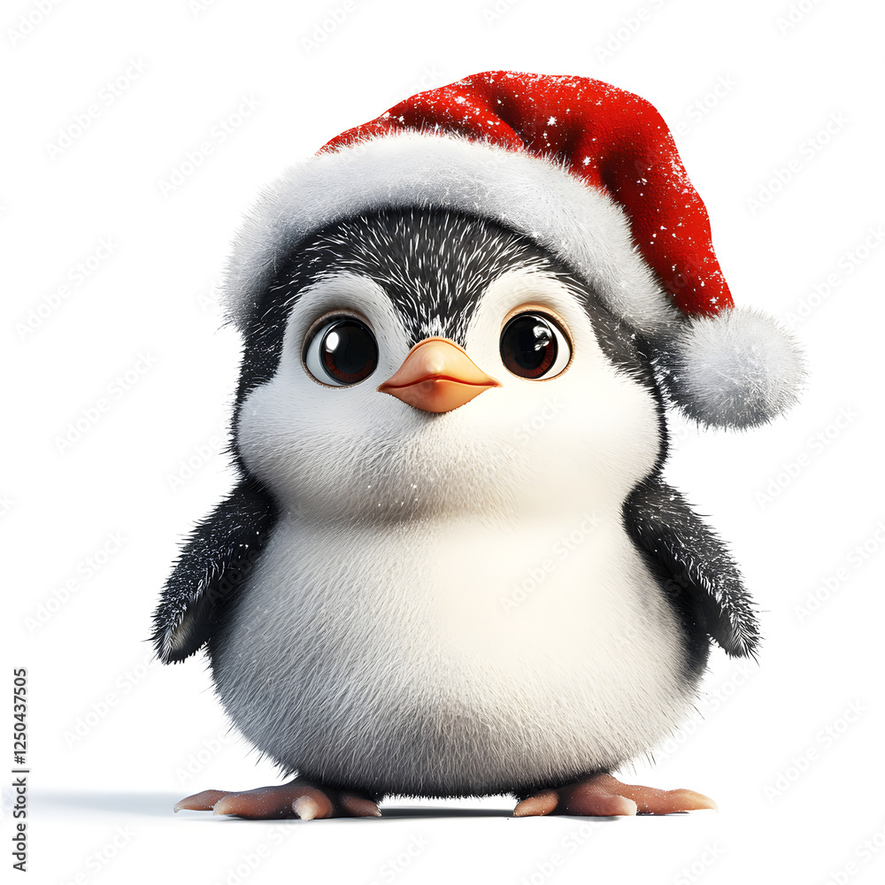 Fototapeta premium Penguin wearing a Christmas hat, isolated on a white background. Photorealistic style, with full-body detail and high-resolution, high-quality rendering. 