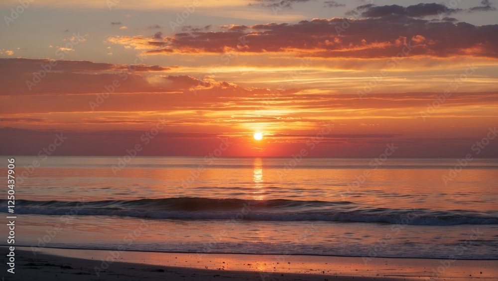 Naklejka premium Serene Sunset Over Calm Ocean With Vivid Hues Of Gold, Orange And Pink Creating A Tranquil Atmosphere As Day Transitions To Night.