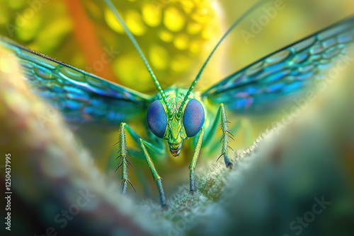 Jewel wasp macro, leaf, garden, vibrant, close-up, nature, digital art, background bokeh, poster photo