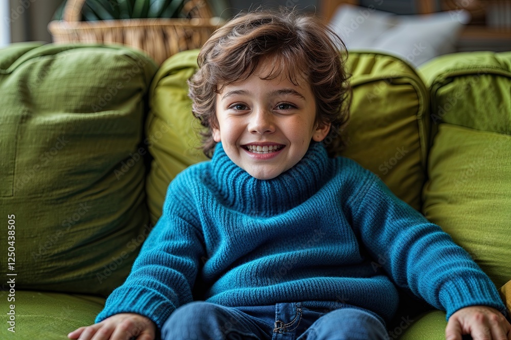 Cheerful Child in Blue Sweater Relaxing on Green Sofa in Cozy Indoor Space