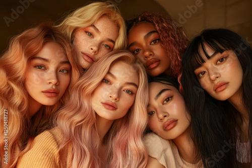 Portrait of five diverse women, showcasing a range of beauty and hairstyles in a harmonious group setting