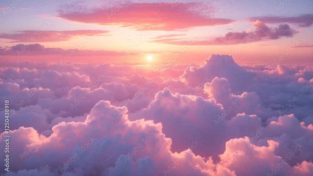 Above the Clouds: A breathtaking aerial view of a sunset, showcasing a mesmerizing panorama of pastel pink and orange hues illuminating fluffy clouds. Serene and ethereal. Above the Clouds: A breathtaking aerial view of a sunset, showcasing a mesmerizing panorama of pastel pink and orange hues illuminating fluffy clouds. Serene and ethereal.