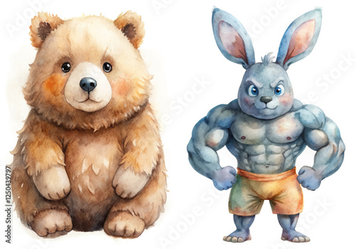 Cute watercolor bear, muscular rabbit character, playful animal illustrations, vibrant colors, children's book art.