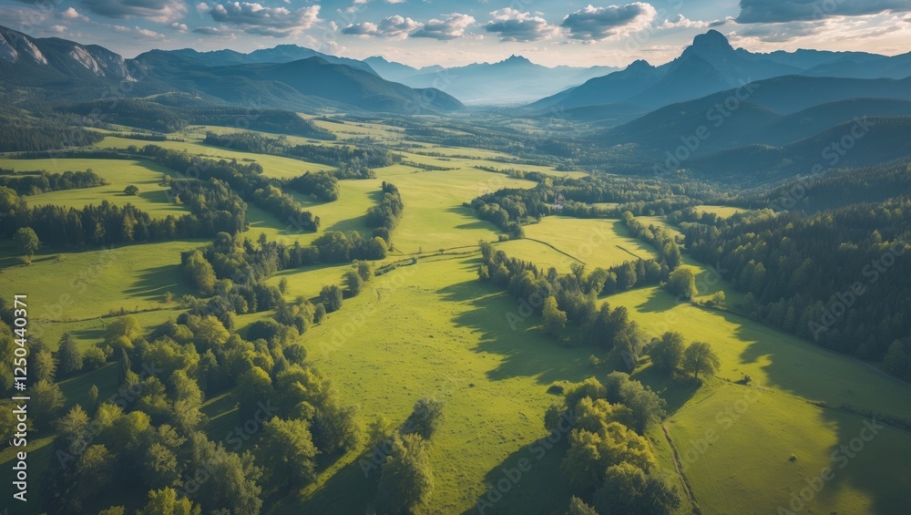 Aerial Landscape View of Lush Green Meadows and Forests Enveloped by Majestic Mountains Under a Scenic Sky with Copy Space for Text Aerial Landscape View of Lush Green Meadows and Forests Enveloped by Majestic Mountains Under a Scenic Sky with Copy Space for Text