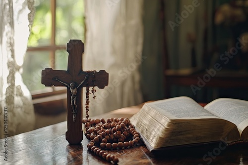 Wooden cross and rosary on a table by an open window