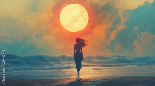 Serene walk on the beach at sunset with a woman gazing at the sun