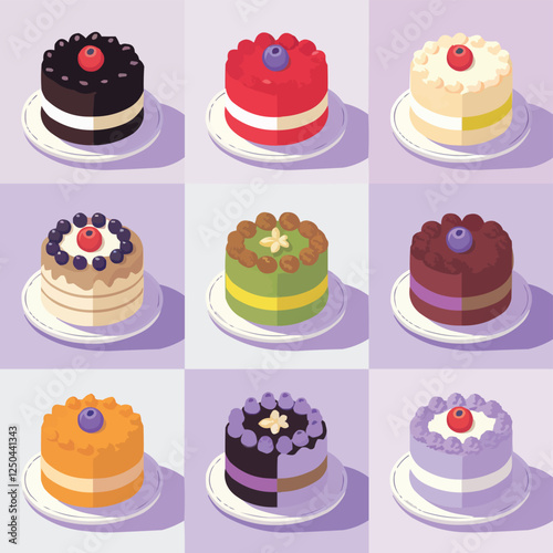 A 3x3 Grid of Nine Colorful Cakes with Diverse Flavors