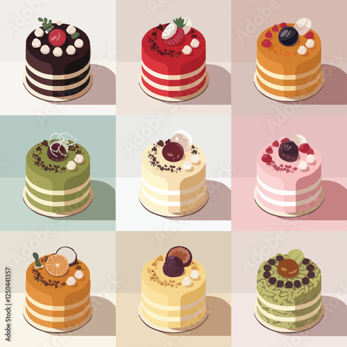A 3x3 Grid of Nine Beautifully Garnished Cakes