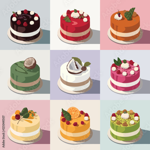A 3x3 Grid of Nine Exquisite Cakes with Unique Frostings
