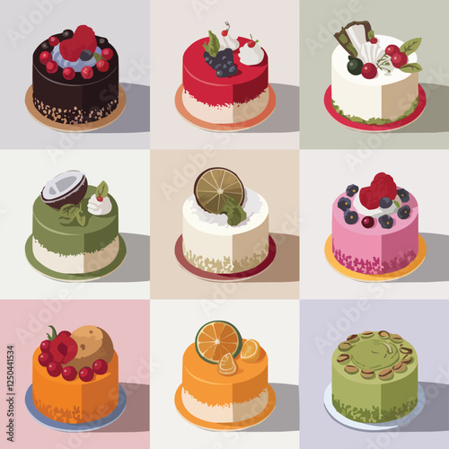 A 3x3 Grid of Nine Heavenly Cakes with Gourmet Flavors