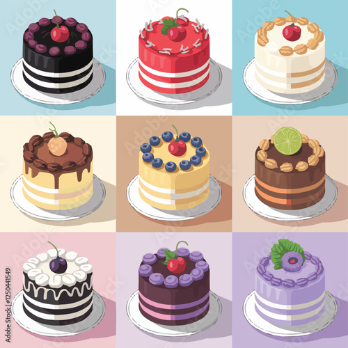 A 3x3 Grid of Nine Luscious Cakes with Flavorful Frostings
