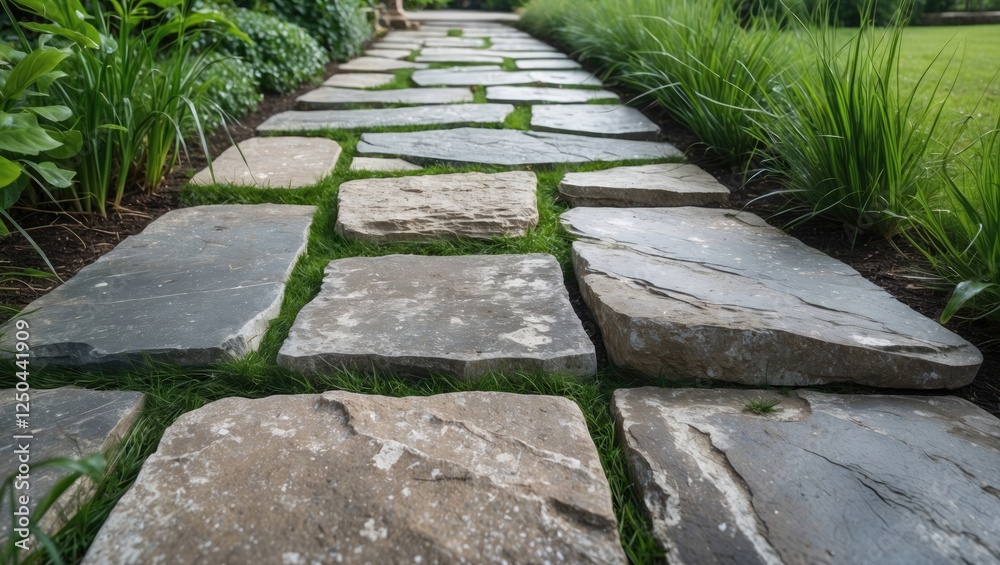 Close-up of a stone pathway in a garden surrounded by grass and lush greenery, showcasing natural textures and tranquil outdoor ambiance. Close-up of a stone pathway in a garden surrounded by grass and lush greenery, showcasing natural textures and tranquil outdoor ambiance.