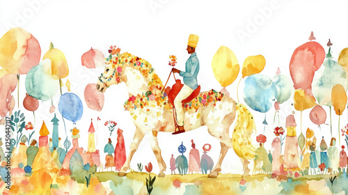 India watercolor, A vibrant traditional Indian wedding procession captured in high fidelity, showcasing cultural richness and celebration.