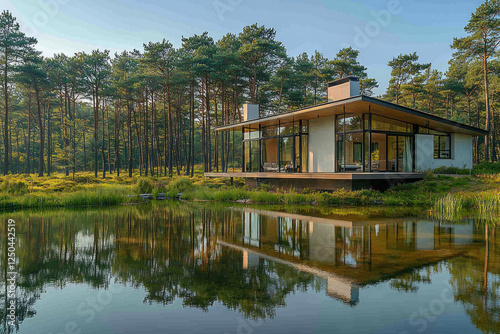 Modern lakeside cabin in serene pine forest reflecting in calm water at sunrise