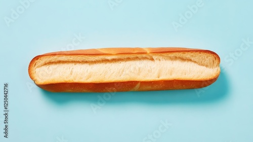 close-up photograph of an object on a light blue background lies a sliced piece of ruddy white bread bakery product related pastries french baguette photo