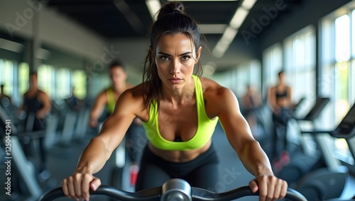 Smiling young woman exercising with dumbbells in the gym for a healthy workout photo