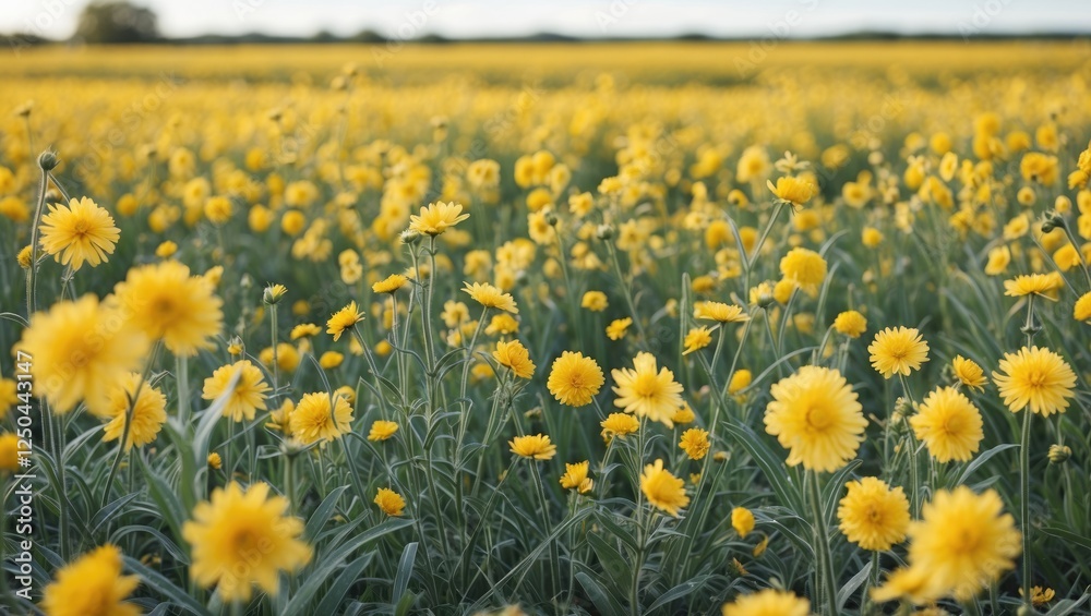 Obraz premium Vibrant Field of Yellow Flowers with Lush Green Foliage and Space for Text Overlay Perfect for Seasonal Backgrounds and Marketing Material
