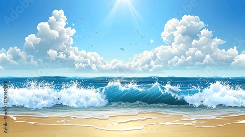 Serene Beach Landscape with Turquoise Waves and Fluffy Clouds Under Bright Sun