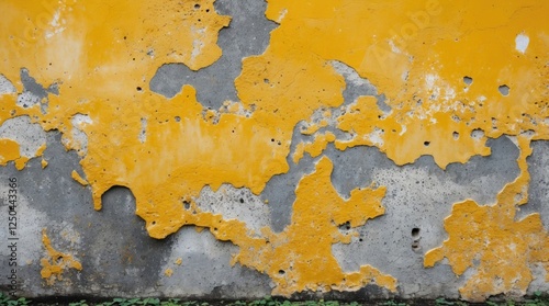 Textured abstract wall with peeling yellow paint over gray concrete, showcasing a distressed and weathered appearance for artistic backgrounds. photo