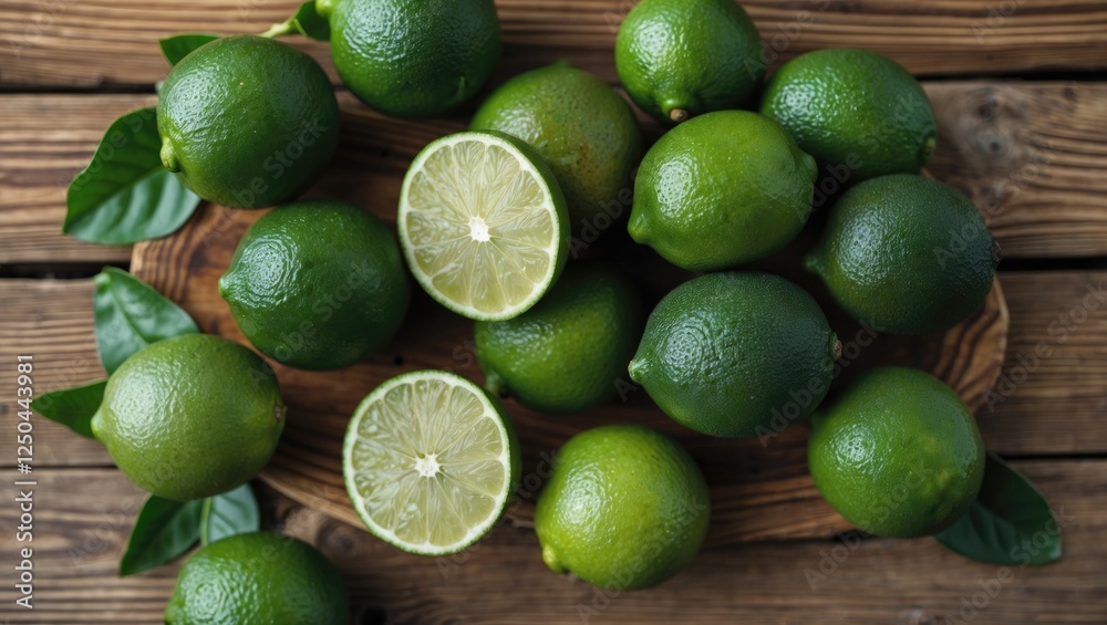 Fresh Limes on Wooden Surface with Slices and Green Leaves Creating a Natural and Vibrant Culinary Background for Text Overlay Fresh Limes on Wooden Surface with Slices and Green Leaves Creating a Natural and Vibrant Culinary Background for Text Overlay