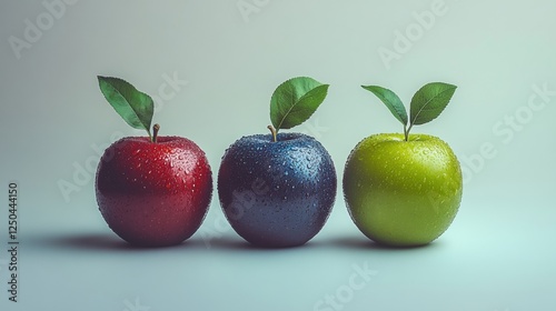 Fresh Red Green Blue Apples with Water Droplets on Light Background