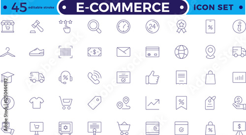 E-commerce outline icon set. Online shopping and delivery. E-Commerce set of in-line style. for mobile apps. Business, shop, digital marketing, bank card, gifts, sale. Editable stroke outline icon.