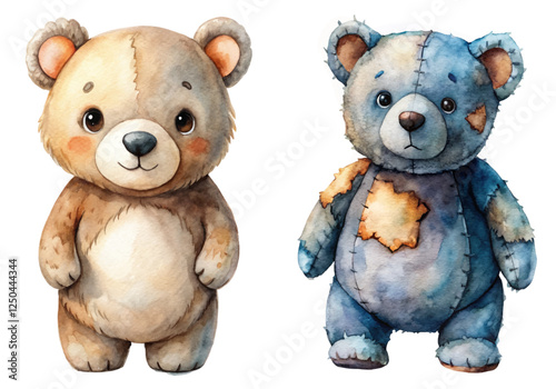 Cute watercolor bears, adorable plush toys, playful design, children's illustration, soft colors, charming characters.
