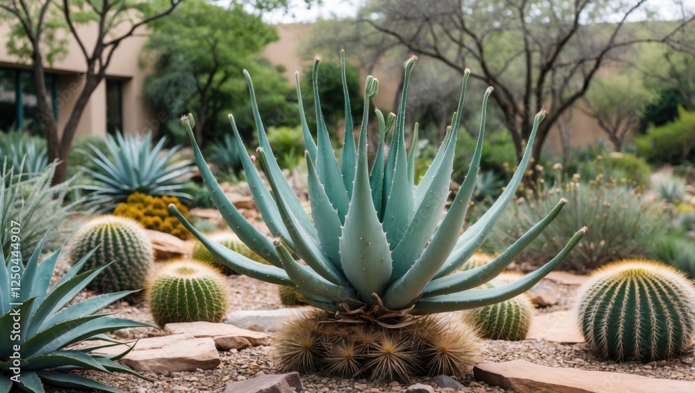 Fototapeta premium Desert Garden Featuring Agave Americana Cactus Surrounded by Succulents and Cacti in a Lush Botanic Landscape