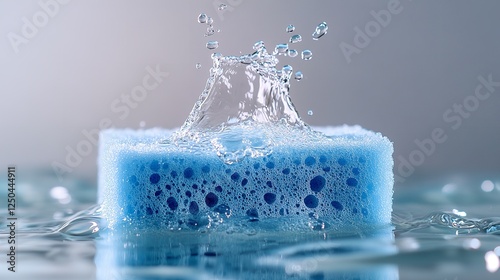 Blue Sponge Absorbing Water.