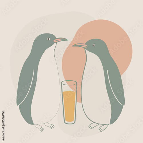 minimalistic black line-art illustration of two penguins standing together