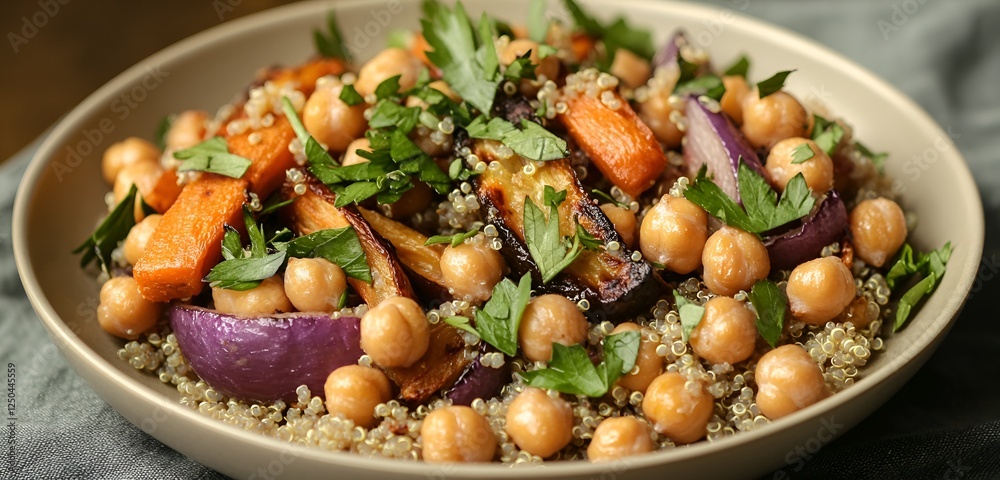 A healthy quinoa bowl with roasted vegetables, chickpeas, and fresh herbs on a neutral plate A healthy quinoa bowl with roasted vegetables, chickpeas, and fresh herbs on a neutral plate