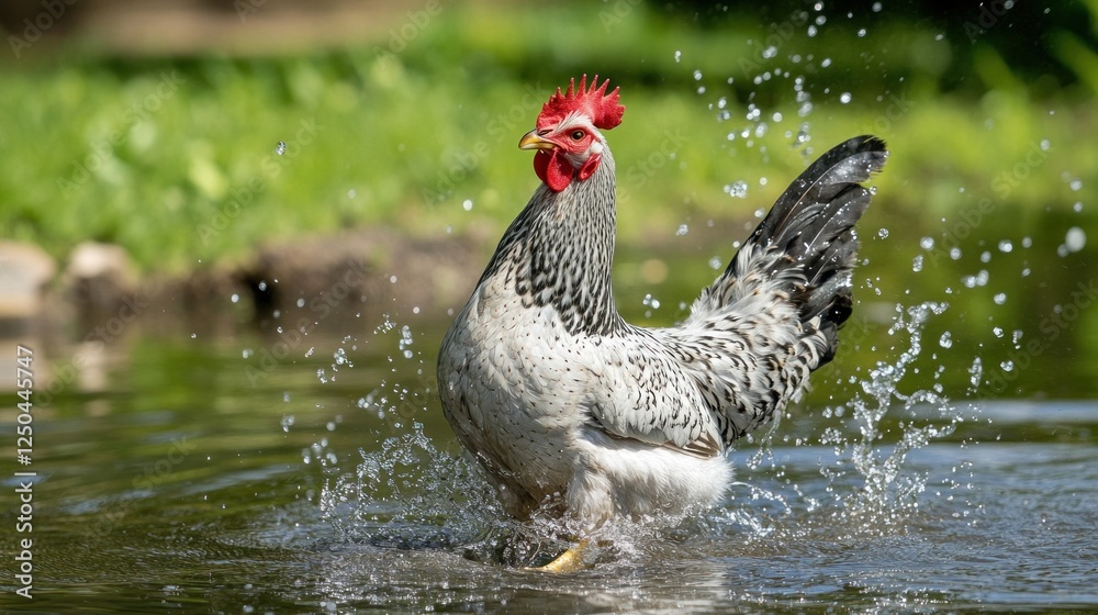 Naklejka premium A speckled hen splashing in a pond, farm animal in nature, vibrant colors, rural scene