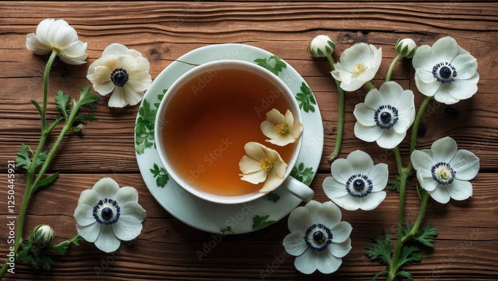 Cup of tea surrounded by white anemone flowers on a rustic wooden table viewed from above showcasing a serene and inviting atmosphere. Cup of tea surrounded by white anemone flowers on a rustic wooden table viewed from above showcasing a serene and inviting atmosphere.