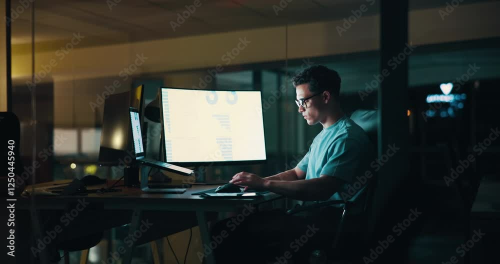 Night, business and man with computer, research for presentation and website info. Person, charts for feedback and employee with pc, evening and performance review, editing or pressure for deadline Night, business and man with computer, research for presentation and website info. Person, charts for feedback and employee with pc, evening and performance review, editing or pressure for deadline