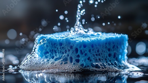 Blue Sponge Absorbing Water.