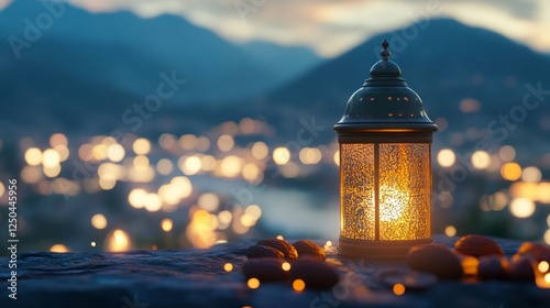 Elegant ramadan lantern (fanous) with dates against a majestic mountain backdrop and city lights in soft bokeh, symbolizing the spiritual essence of the holy month and a righteous muslim lifestyle