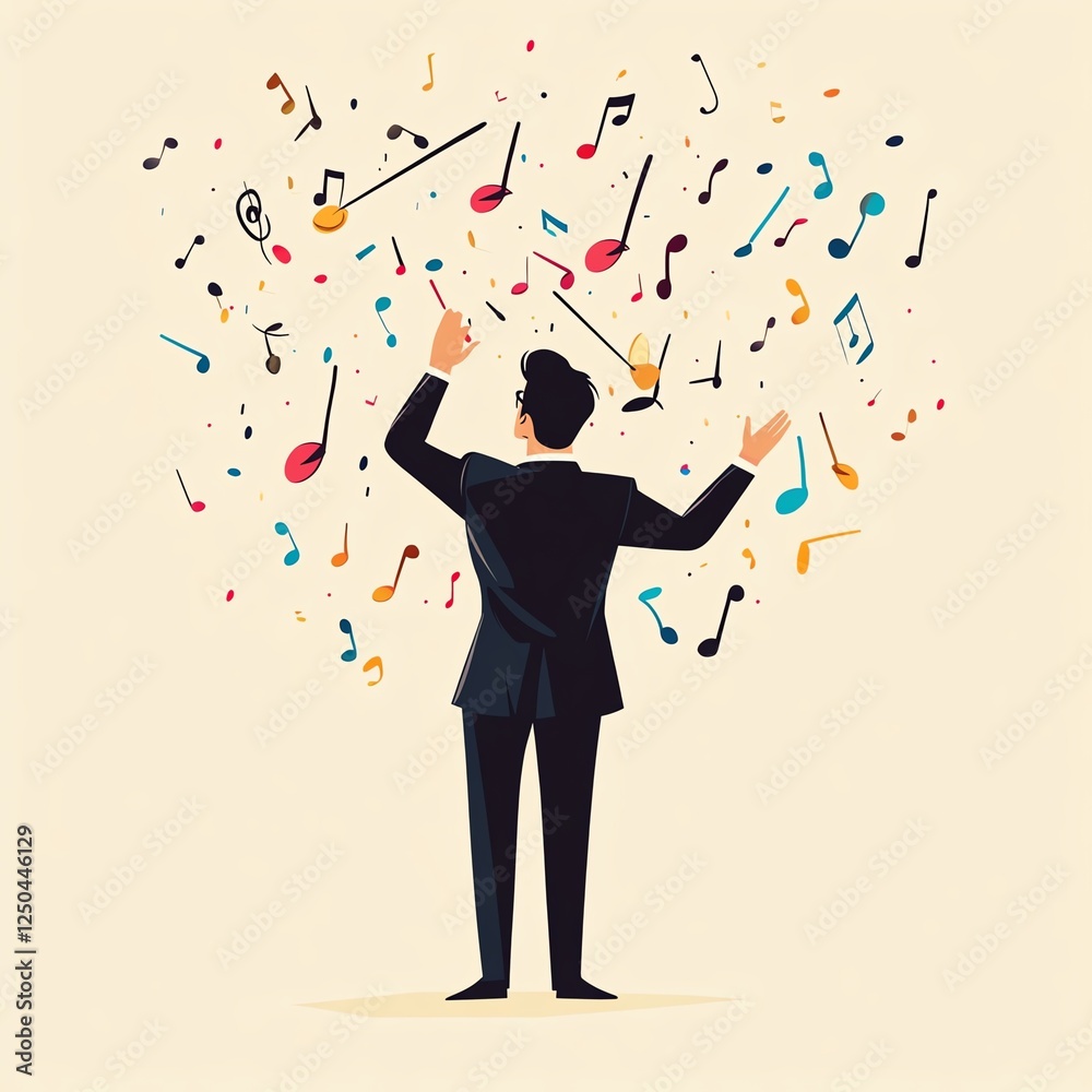 A conductor leading an orchestra with vibrant music notes surrounding him. A conductor leading an orchestra with vibrant music notes surrounding him.