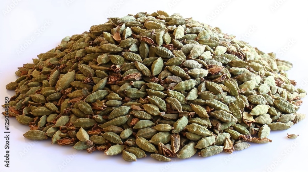 Pile of Green Cardamom Pods on a White Background Displayed Clearly Pile of Green Cardamom Pods on a White Background Displayed Clearly