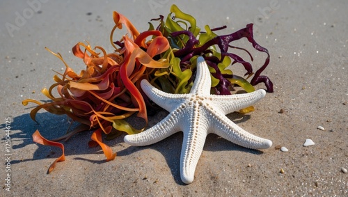 Starfish on sandy beach surrounded by vibrant seaweed colors showcasing marine life and coastal ecosystem. photo