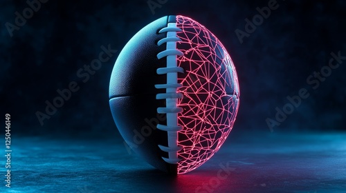 Futuristic American Football Concept - Abstract image of an American football with a glowing, network-like design on one half.  Represents technology and sports. photo