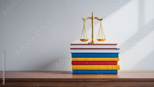 Scales of Justice: A golden scale of justice rests atop a stack of colorful law books, illuminated by a gentle stream of sunlight, symbolizing the pursuit of fairness and equality.  