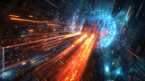 Futuristic Cityscape Digital Streams - Abstract digital art depicting a futuristic city with vibrant orange and blue light streams converging.