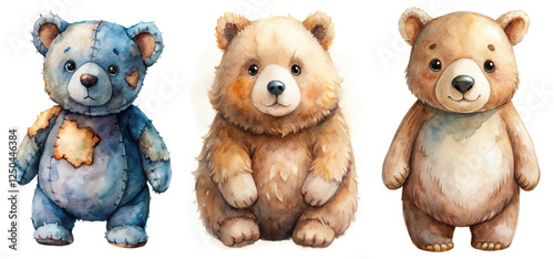 Cute watercolor bears, adorable plush toys, soft textures, playful design, children's illustrations, charming characters.