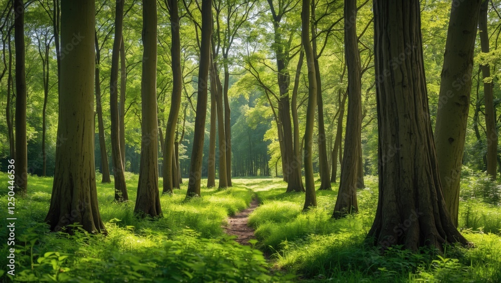 Lush Green Forest Pathway with Tall Tree Trunks Under Bright Sunlight on a Tranquil Day Lush Green Forest Pathway with Tall Tree Trunks Under Bright Sunlight on a Tranquil Day