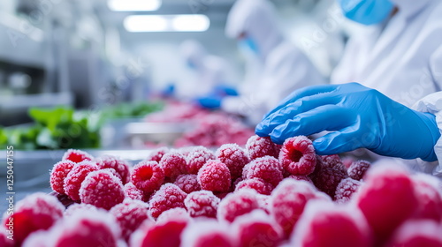 Food processing workers selecting frozen raspberries in industrial facility