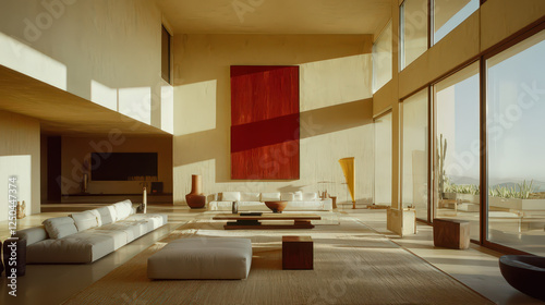 Modern minimalist interior, sunlit living room with large windows showcasing a desert landscape.