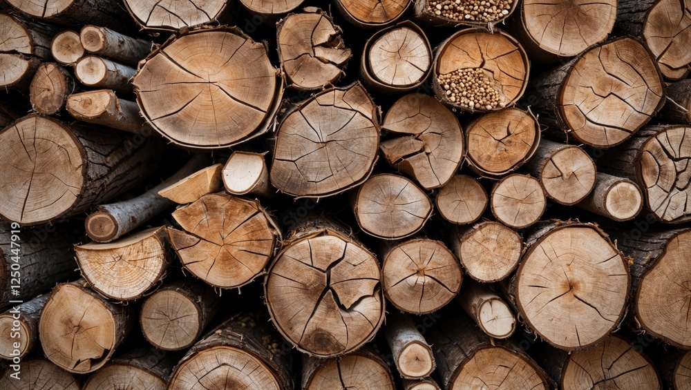 Fototapeta premium Texture of freshly cut tree branches showcasing natural wood patterns and rings with detailed grain and cracks in a stacked arrangement.