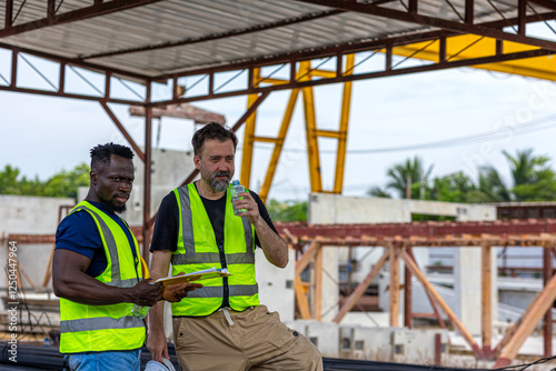 Wallpaper Mural Two male engineers from different cultures and ages work together in a floor making factory. Senior supervisor discusses with his African engineer checking the concrete wall production system Torontodigital.ca
